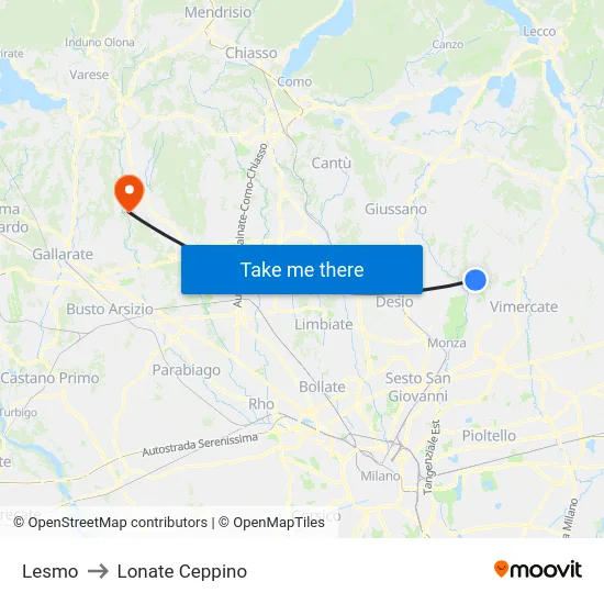 Lesmo to Lonate Ceppino map