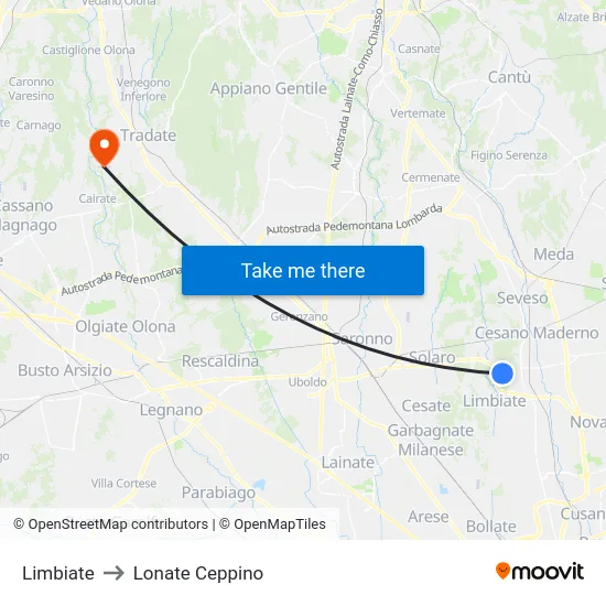 Limbiate to Lonate Ceppino map