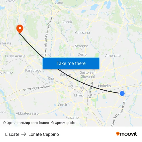 Liscate to Lonate Ceppino map