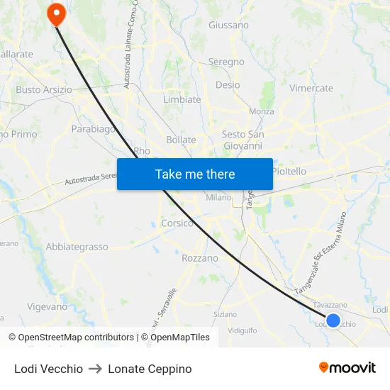 Lodi Vecchio to Lonate Ceppino map