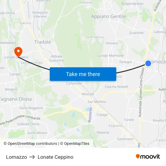 Lomazzo to Lonate Ceppino map