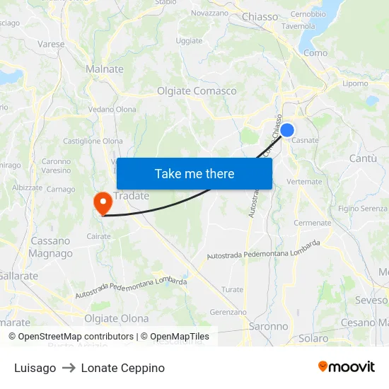 Luisago to Lonate Ceppino map
