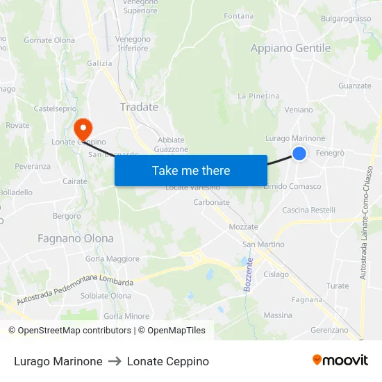 Lurago Marinone to Lonate Ceppino map