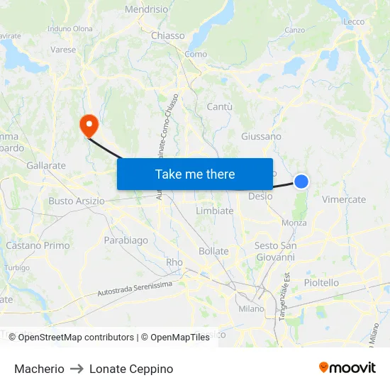 Macherio to Lonate Ceppino map