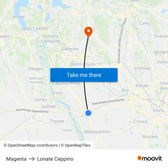Magenta to Lonate Ceppino map
