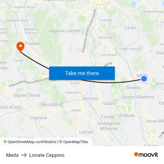 Meda to Lonate Ceppino map