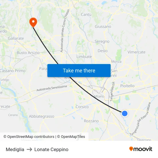 Mediglia to Lonate Ceppino map