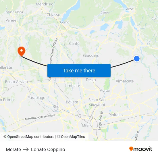 Merate to Lonate Ceppino map