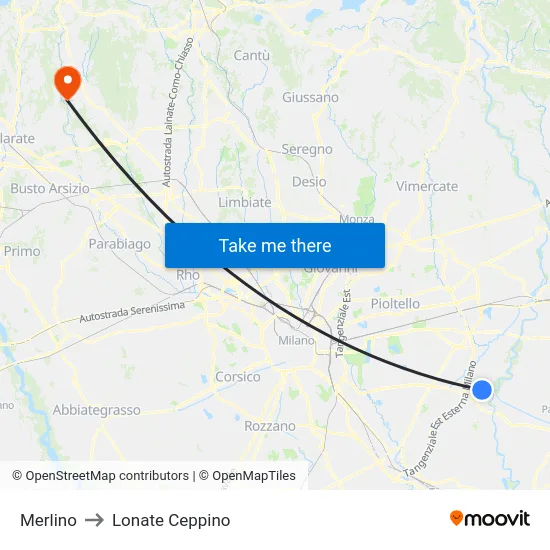 Merlino to Lonate Ceppino map