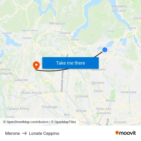 Merone to Lonate Ceppino map