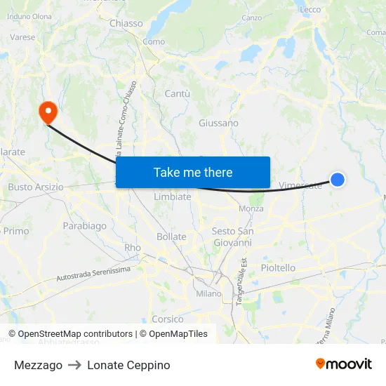 Mezzago to Lonate Ceppino map