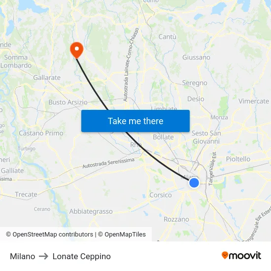 Milano to Lonate Ceppino map
