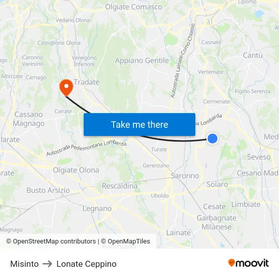 Misinto to Lonate Ceppino map