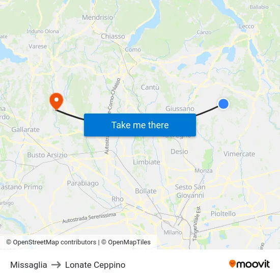 Missaglia to Lonate Ceppino map