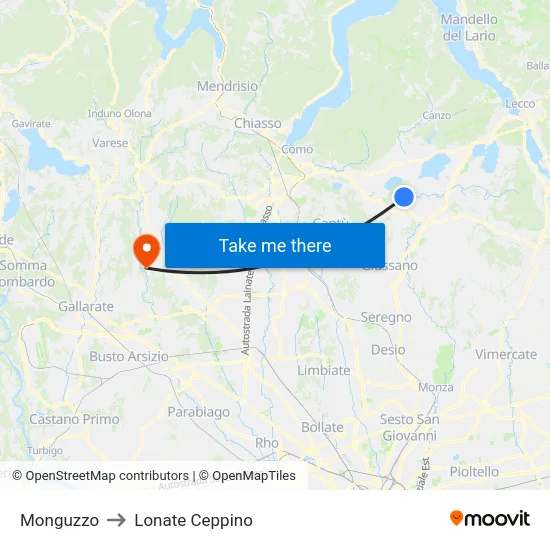 Monguzzo to Lonate Ceppino map