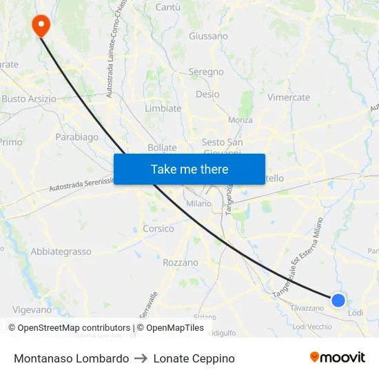 Montanaso Lombardo to Lonate Ceppino map