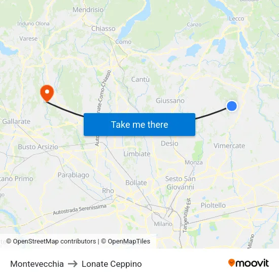 Montevecchia to Lonate Ceppino map