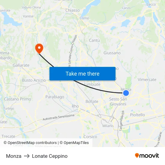 Monza to Lonate Ceppino map