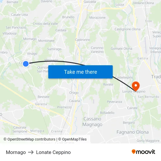 Mornago to Lonate Ceppino map