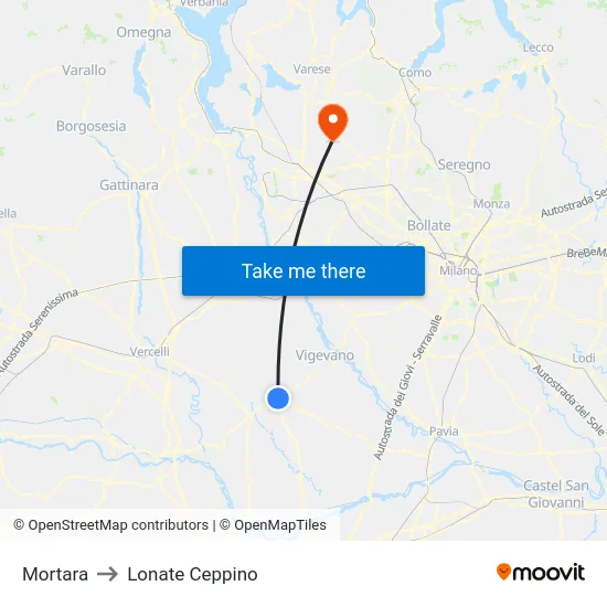 Mortara to Lonate Ceppino map