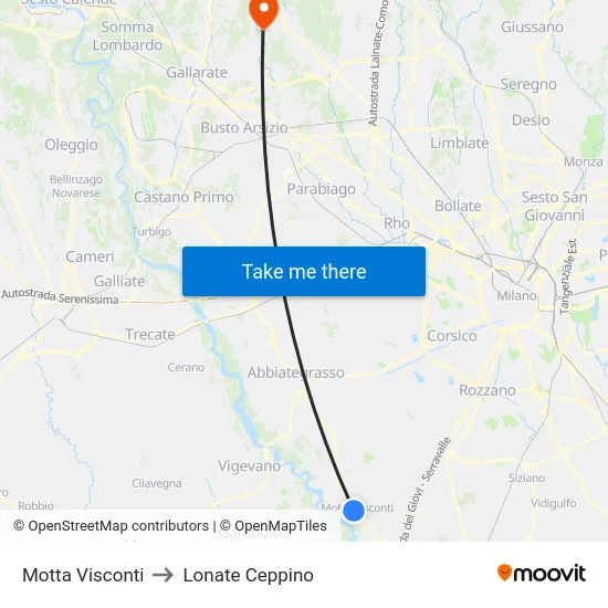 Motta Visconti to Lonate Ceppino map