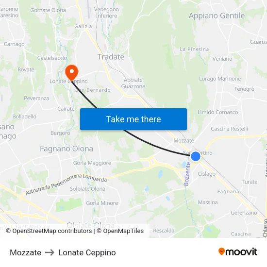 Mozzate to Lonate Ceppino map