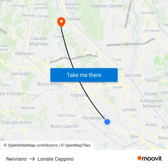 Nerviano to Lonate Ceppino map
