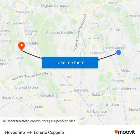 Novedrate to Lonate Ceppino map