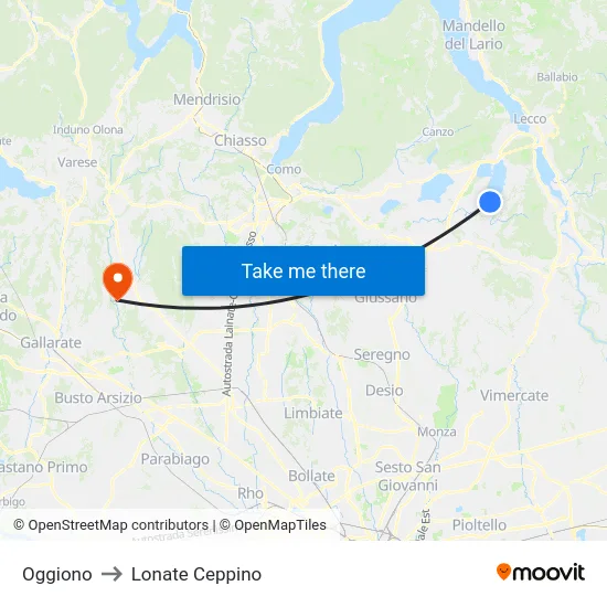 Oggiono to Lonate Ceppino map