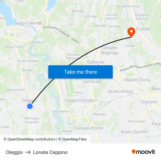 Oleggio to Lonate Ceppino map