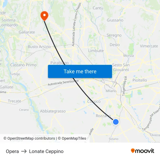 Opera to Lonate Ceppino map