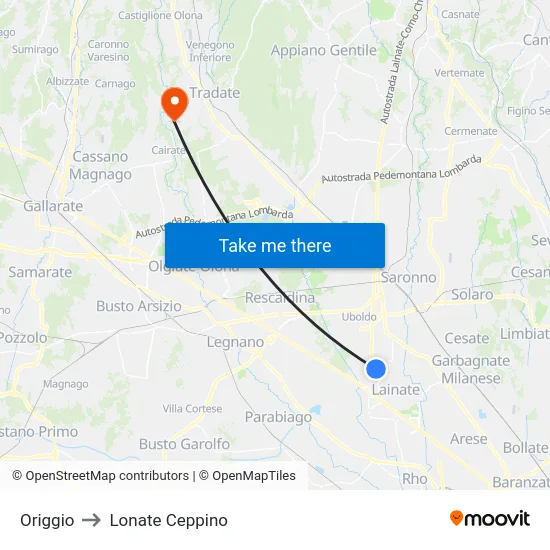Origgio to Lonate Ceppino map