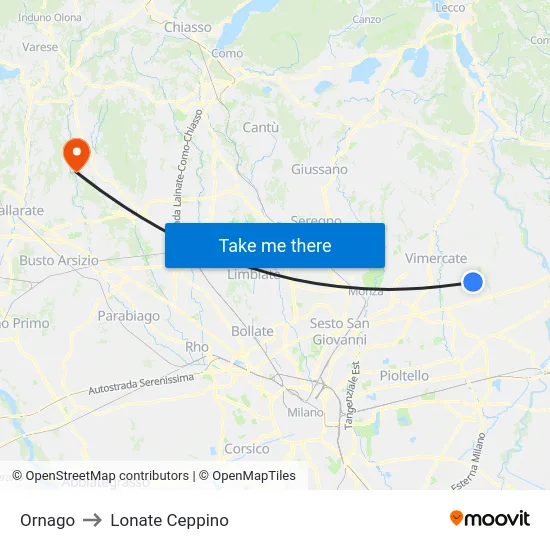 Ornago to Lonate Ceppino map