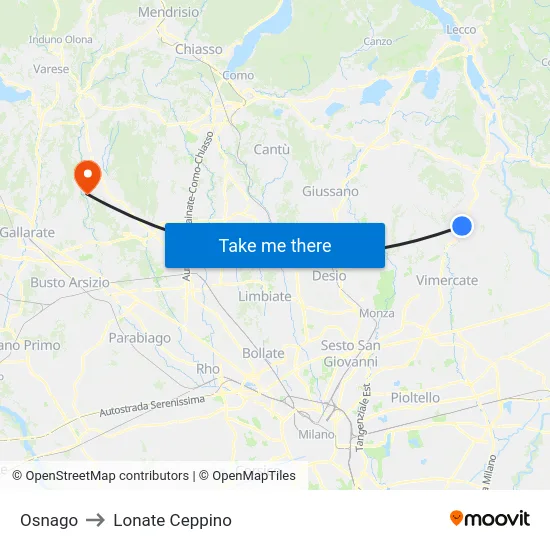 Osnago to Lonate Ceppino map