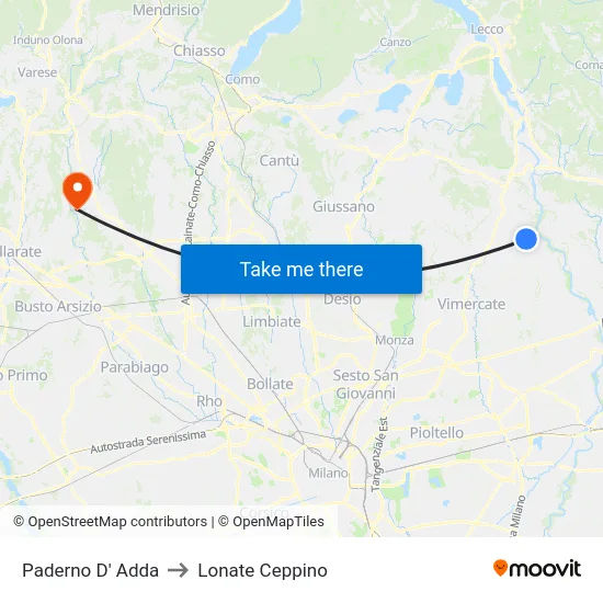 Paderno D' Adda to Lonate Ceppino map