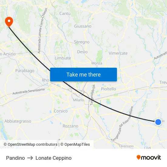 Pandino to Lonate Ceppino map
