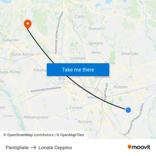 Pantigliate to Lonate Ceppino map