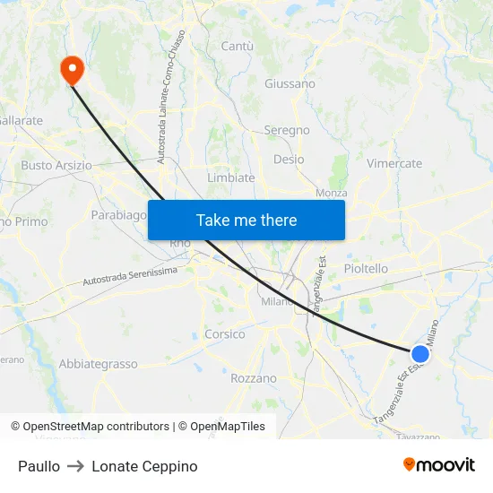 Paullo to Lonate Ceppino map
