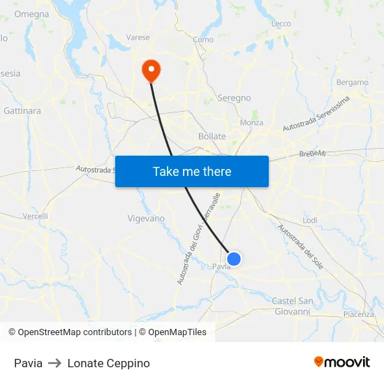 Pavia to Lonate Ceppino map