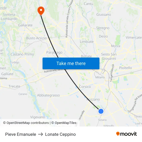 Pieve Emanuele to Lonate Ceppino map