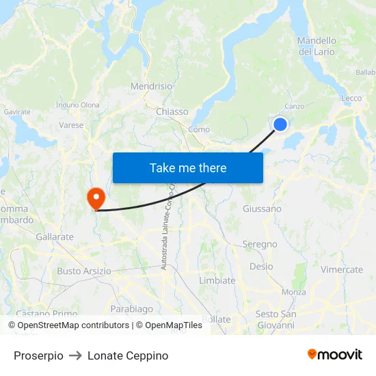 Proserpio to Lonate Ceppino map