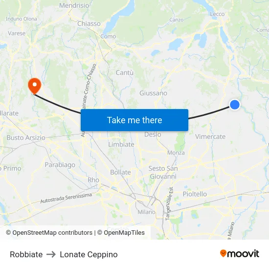 Robbiate to Lonate Ceppino map