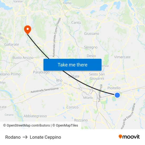 Rodano to Lonate Ceppino map