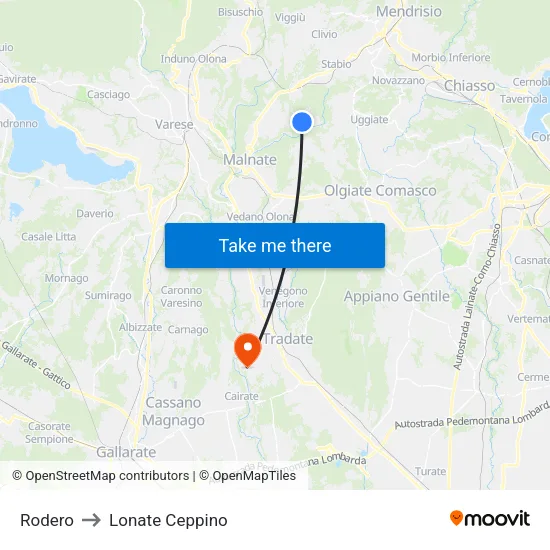 Rodero to Lonate Ceppino map