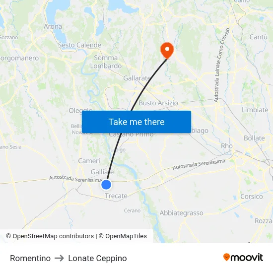 Romentino to Lonate Ceppino map