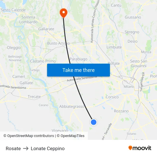 Rosate to Lonate Ceppino map