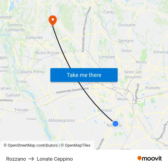 Rozzano to Lonate Ceppino map