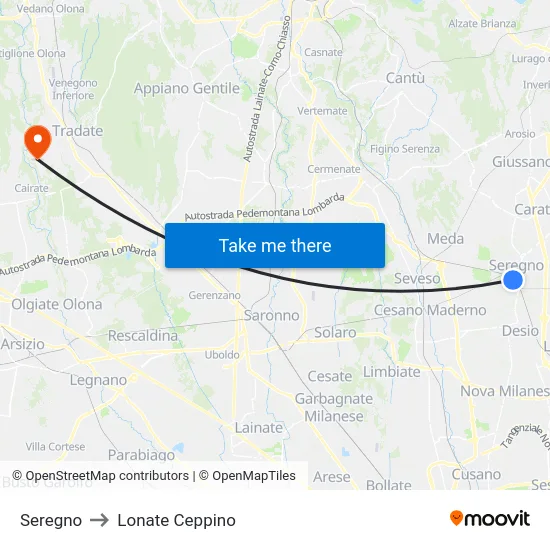 Seregno to Lonate Ceppino map