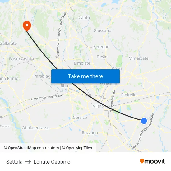 Settala to Lonate Ceppino map