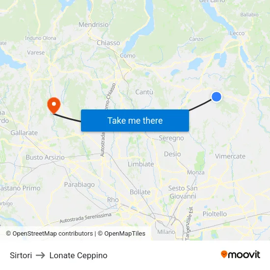 Sirtori to Lonate Ceppino map